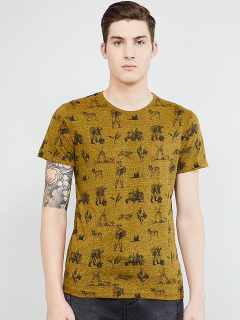 

max Men Yellow Printed Round Neck T-shirt