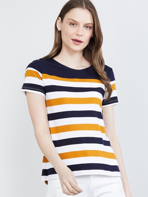 

max Women Navy Blue Striped Round Neck T-shirt