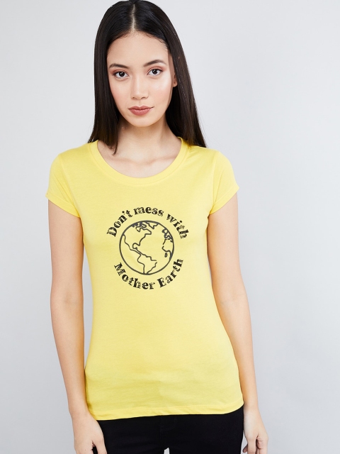 

max Women Yellow Printed Round Neck T-shirt