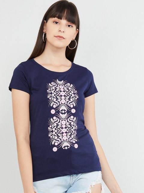 

max Women Navy Blue Printed Round Neck T-shirt