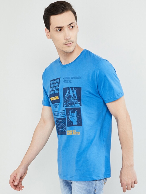 

max Men Blue Printed Round Neck T-shirt