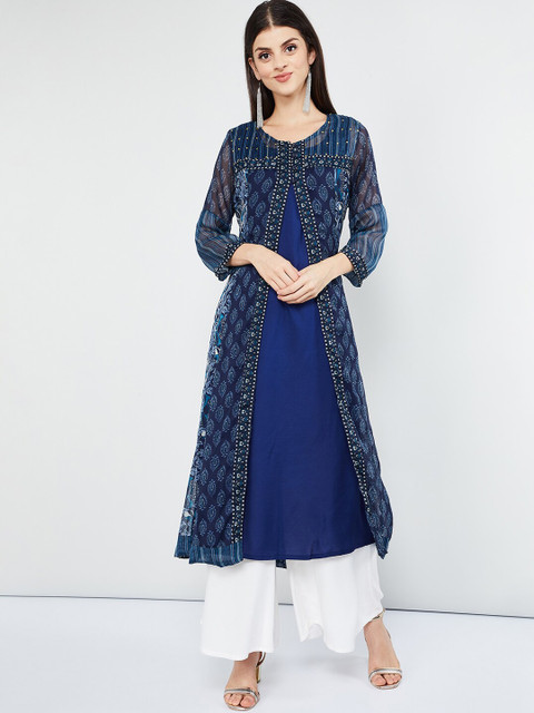 

max Women Blue Printed Straight Kurta