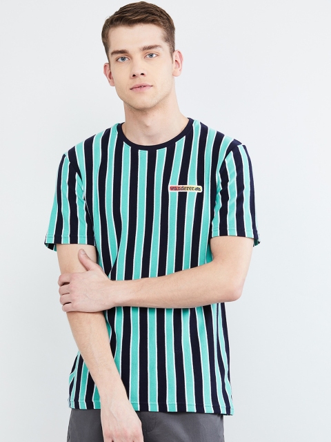 

max Men Blue & Black Striped Round Neck T-shirt