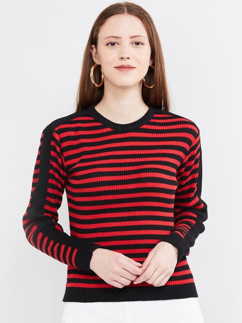 

max Women Black & Red Striped Round Neck T-shirt