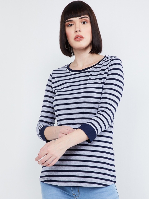 

max Women Grey Striped Round Neck T-shirt