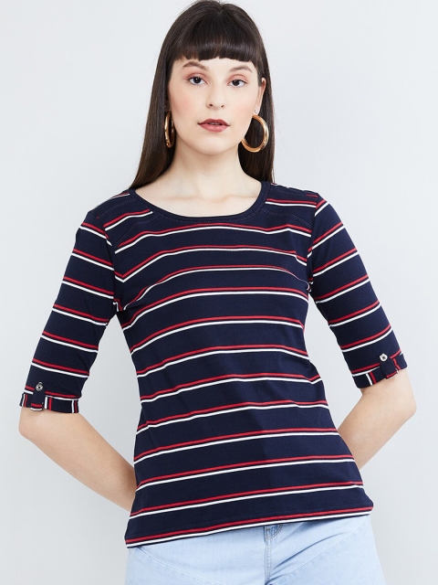 

max Women Navy Blue & Red Striped Round Neck T-shirt