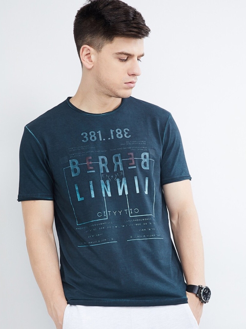 

max Men Navy Blue Printed Round Neck T-shirt