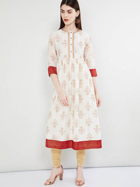 

max Women Off-White & Red Printed Straight Kurta
