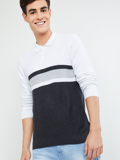 

max Men White & Black Colourblocked Polo Collar T-shirt
