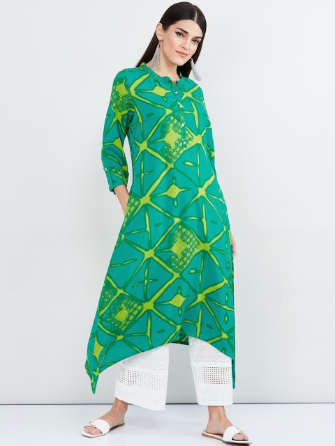 

max Women Sea Green & Yellow Printed Straight Kurta