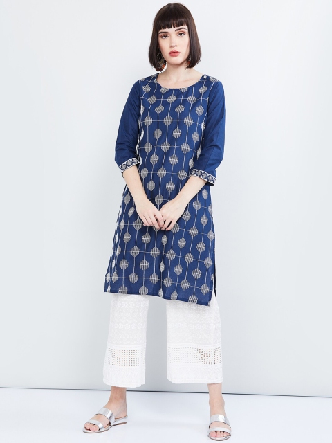 

max Women Navy Blue & Off-White Printed Straight Kurta