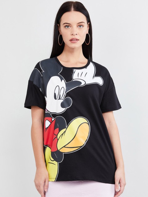 

max Women Black Mickey Mouse Printed Round Neck T-shirt