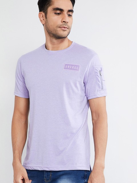 

max Men Lavender Solid Round Neck T-shirt