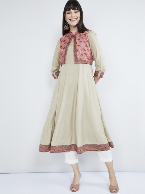 

max Women Beige & Pink Colourblocked Anarkali Kurta