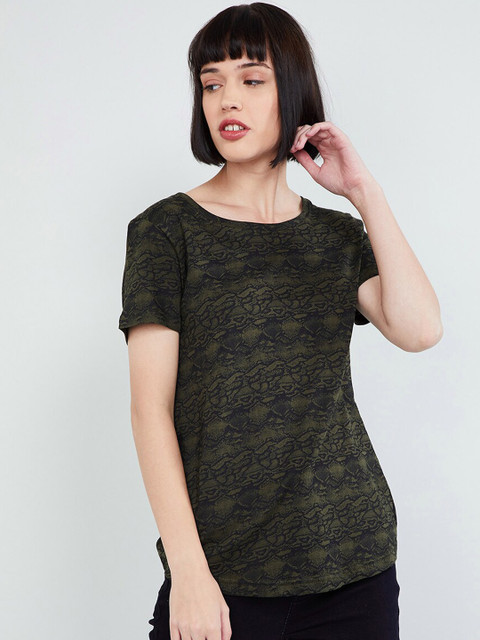 

max Women Olive Green Snake Skin Printed Round Neck T-shirt
