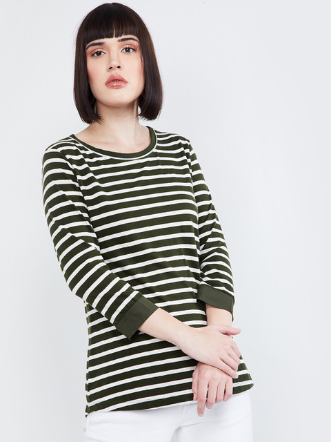 

max Women Olive Green Striped Round Neck T-shirt