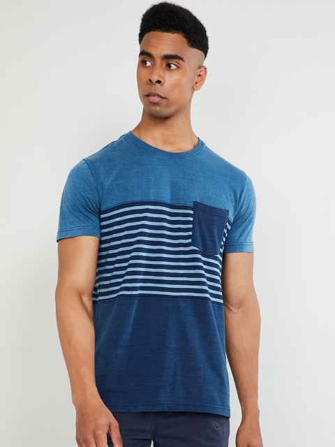

max Men Blue Striped Round Neck T-shirt