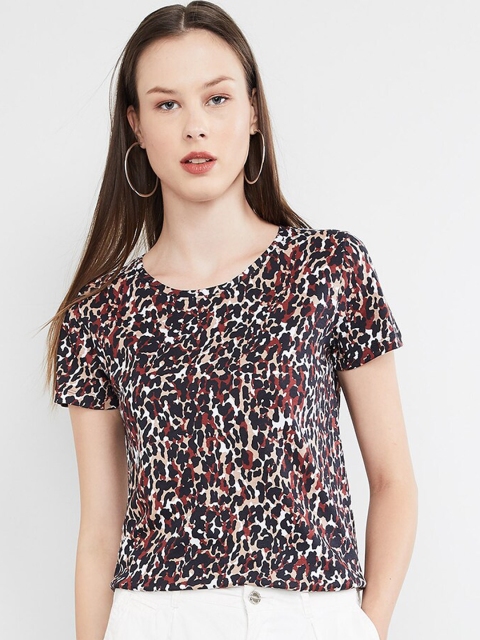 

max Women Brown & Black Printed Round Neck T-shirt