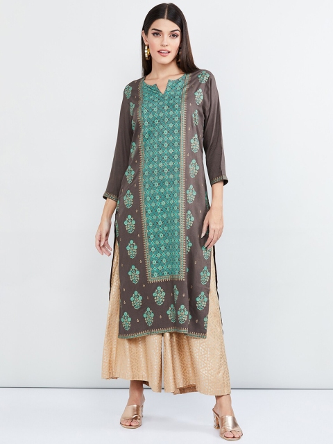 

max Women Taupe & Green Printed Straight Kurta