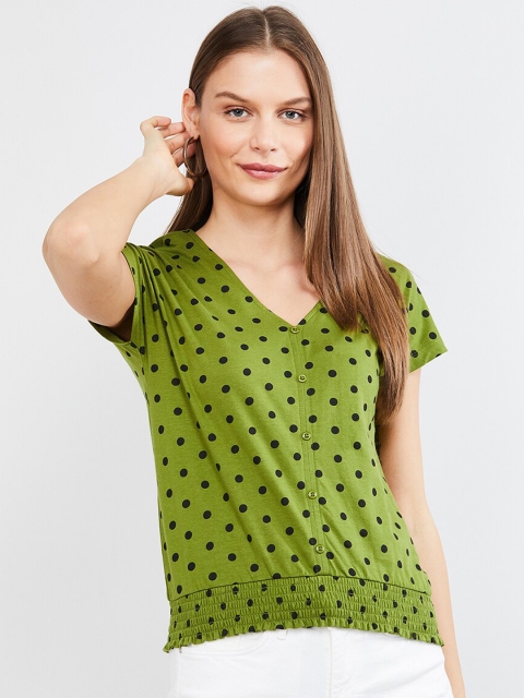 

max Women Olive Green & Black Polka Dots Printed Blouson Top