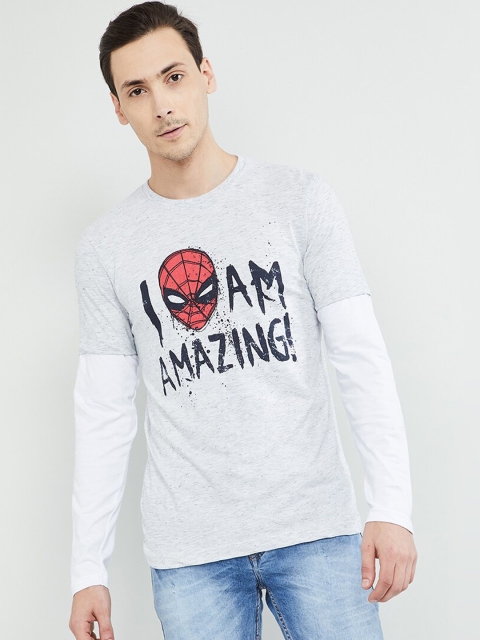 

max Men Grey Melange Spiderman Printed Round Neck T-shirt