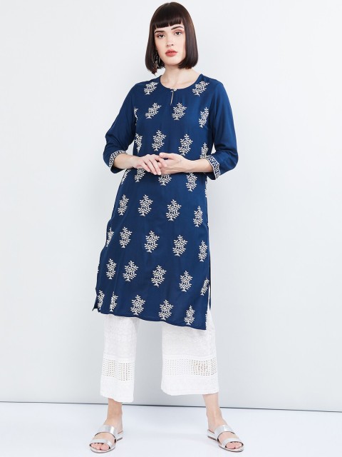 

max Women Blue Embroidered Straight Kurta