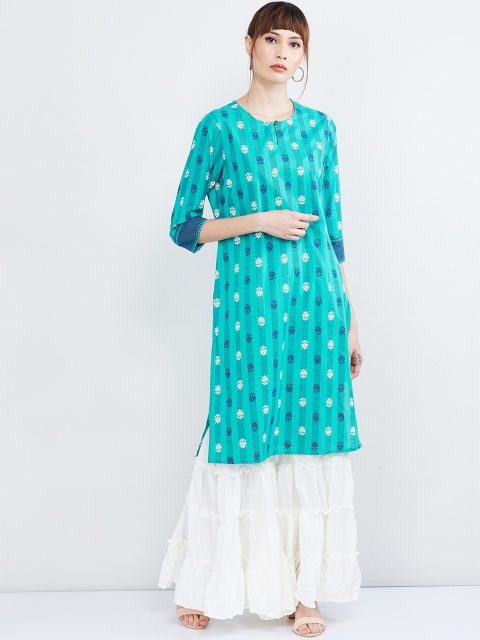 

max Women Sea Green & Blue Printed Straight Kurta