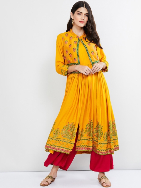 

max Women Yellow Printed A-Line Kurta