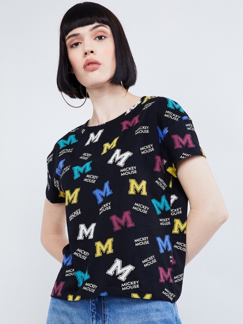 

max Women Black Mickey Mouse Printed Round Neck T-shirt