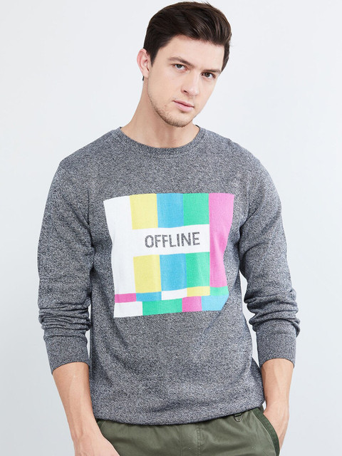 

max Men Grey Printed Round Neck T-shirt