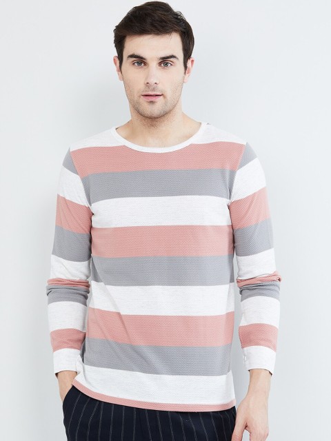 

max Men White & Pink Striped Round Neck T-shirt