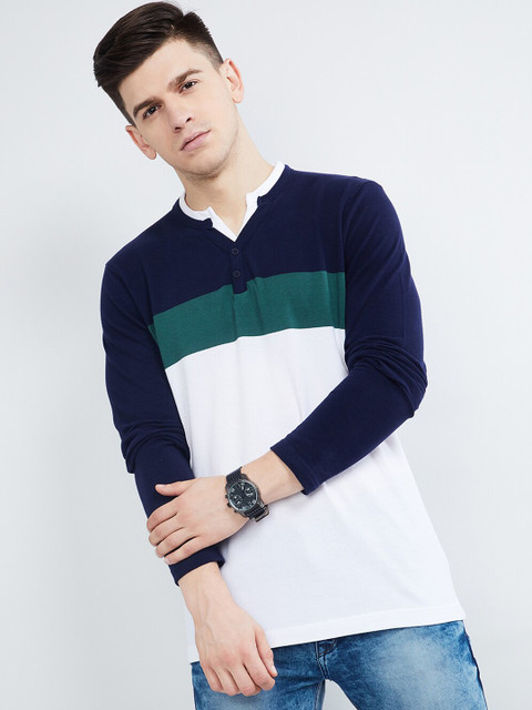 

max Men Navy Blue & White Colourblocked Henley Neck T-shirt