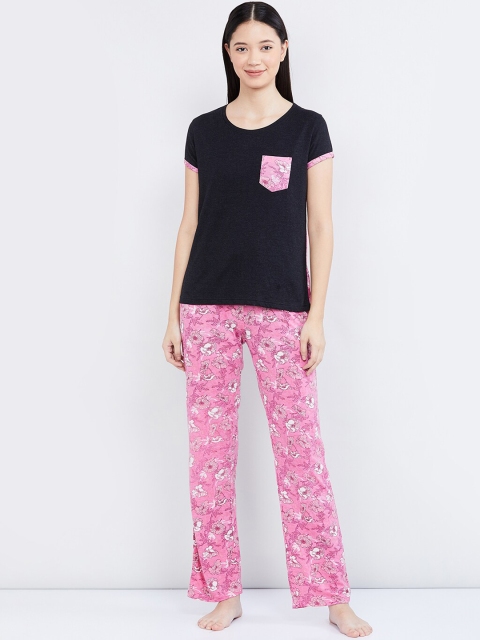 max Women Charcoal Black & Pink Solid Night suit
