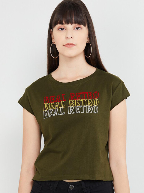 

max Women Olive Green Printed Round Neck T-shirt