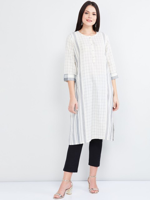 

max Women Off-White & Grey Checked Straight Kurta
