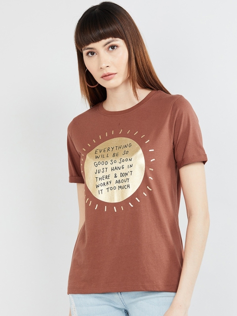 

max Women Brown Printed Round Neck T-shirt