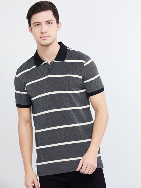 

max Men White & Black Striped Polo Collar T-shirt