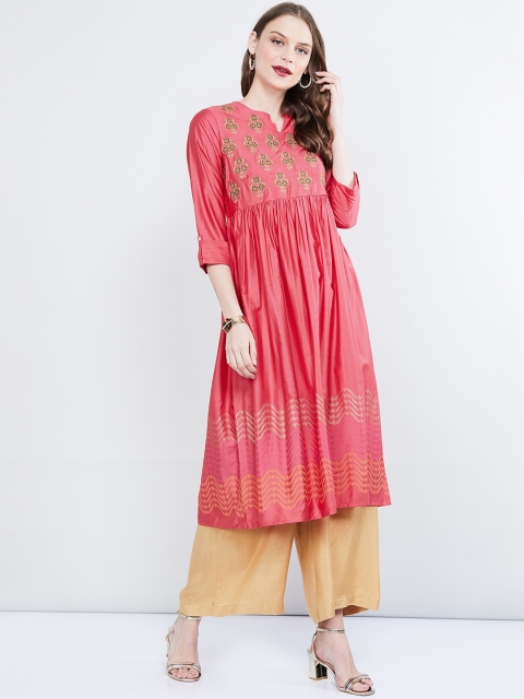 

max Women Pink Embroidered A-Line Kurta
