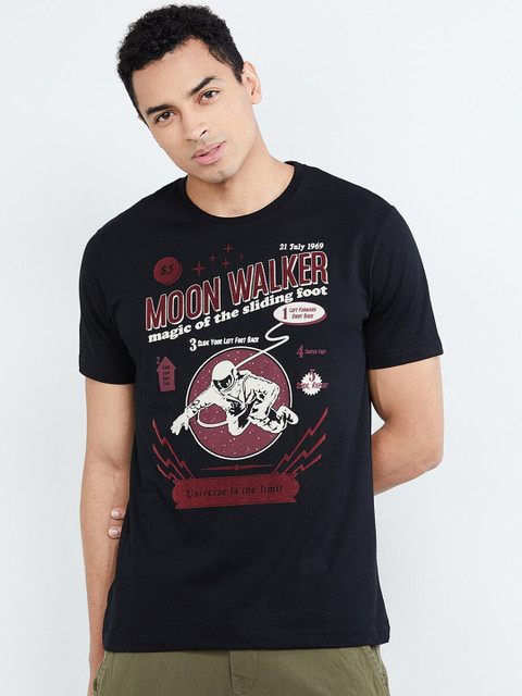 

max Men Black Printed Round Neck T-shirt