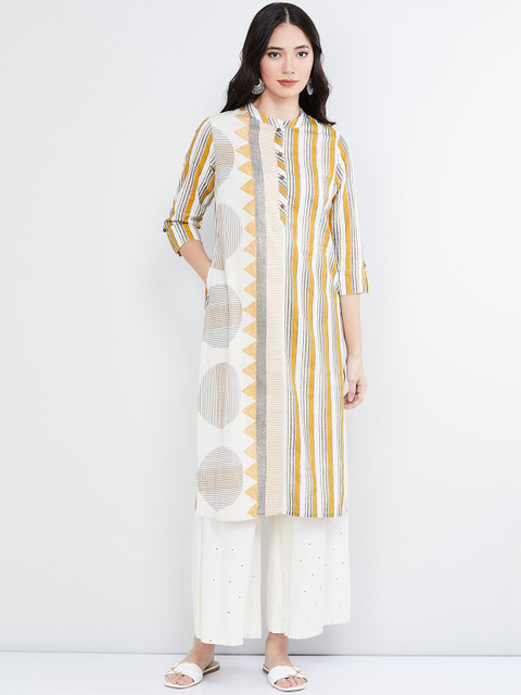 

max Women Off-White & Yellow Printed Straight Kurta