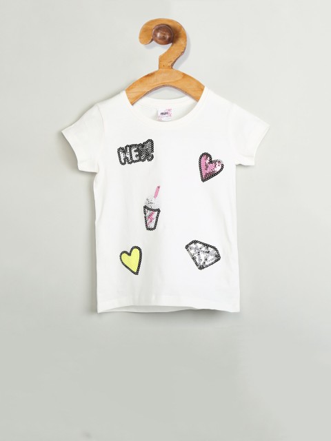 

max Girls White Self Design Round Neck T-shirt