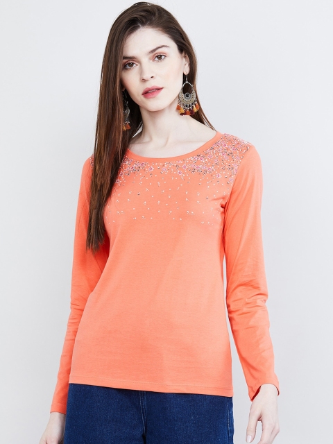 

max Women Orange Printed Round Neck T-shirt