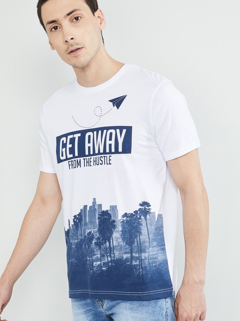

max Men White Printed Round Neck T-shirt