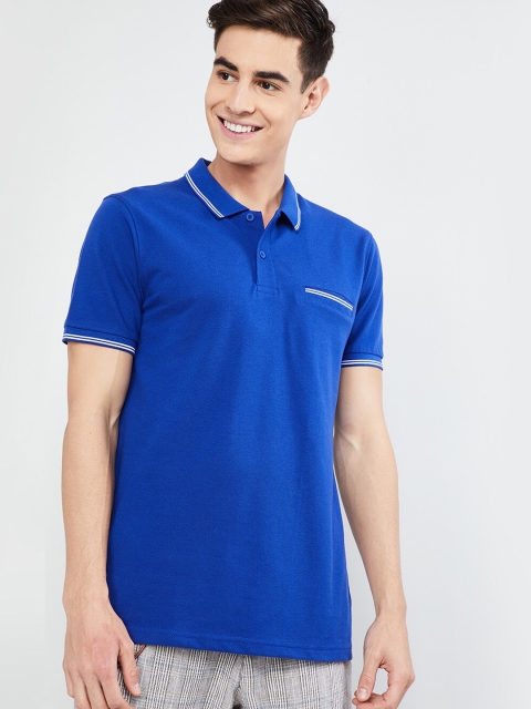 

max Men Blue Solid Polo Collar T-shirt