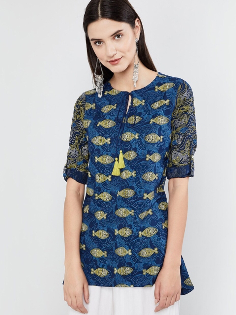 

max Women Blue & Yellow Printed A-Line Kurti