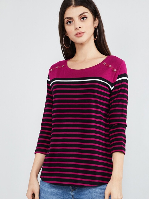 

max Women Magenta Striped Round Neck T-shirt