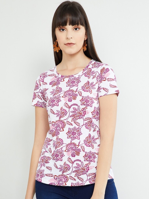 

max Women White & Pink Printed Round Neck T-shirt