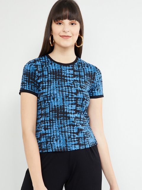

max Women Blue Printed Round Neck T-shirt
