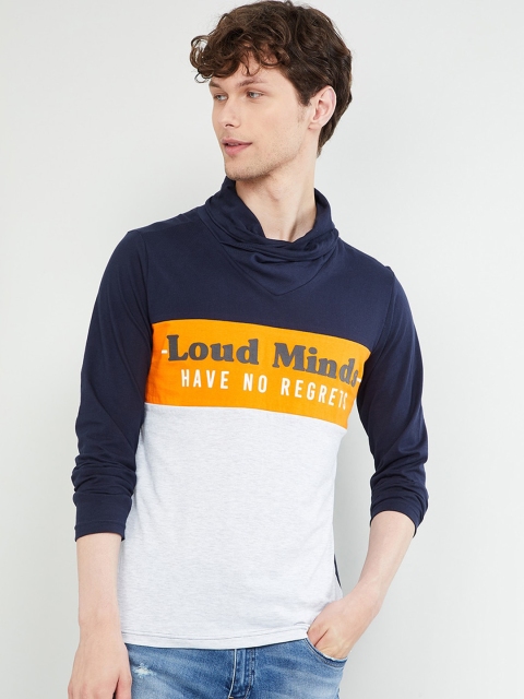 max Men Navy Blue & White Printed High Neck T-shirt