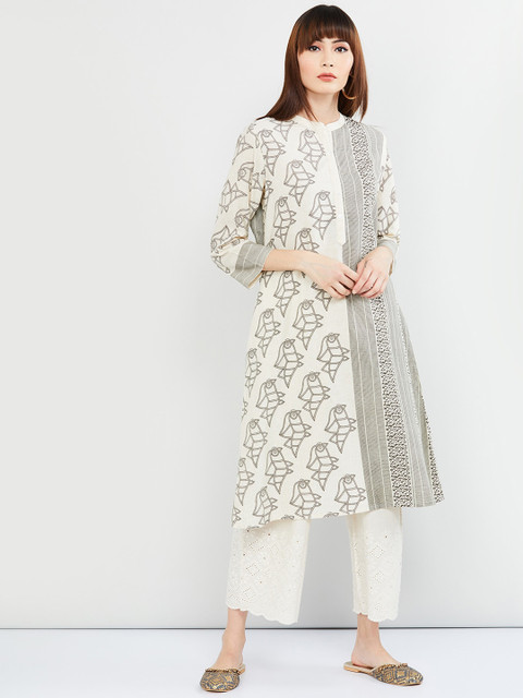 

max Women Off-White & Black Printed Straight Kurta